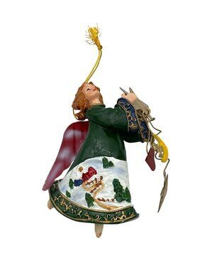 Resin Angel Vintage Ornament Metal Wings & Wire Accents Hand Painted Scene